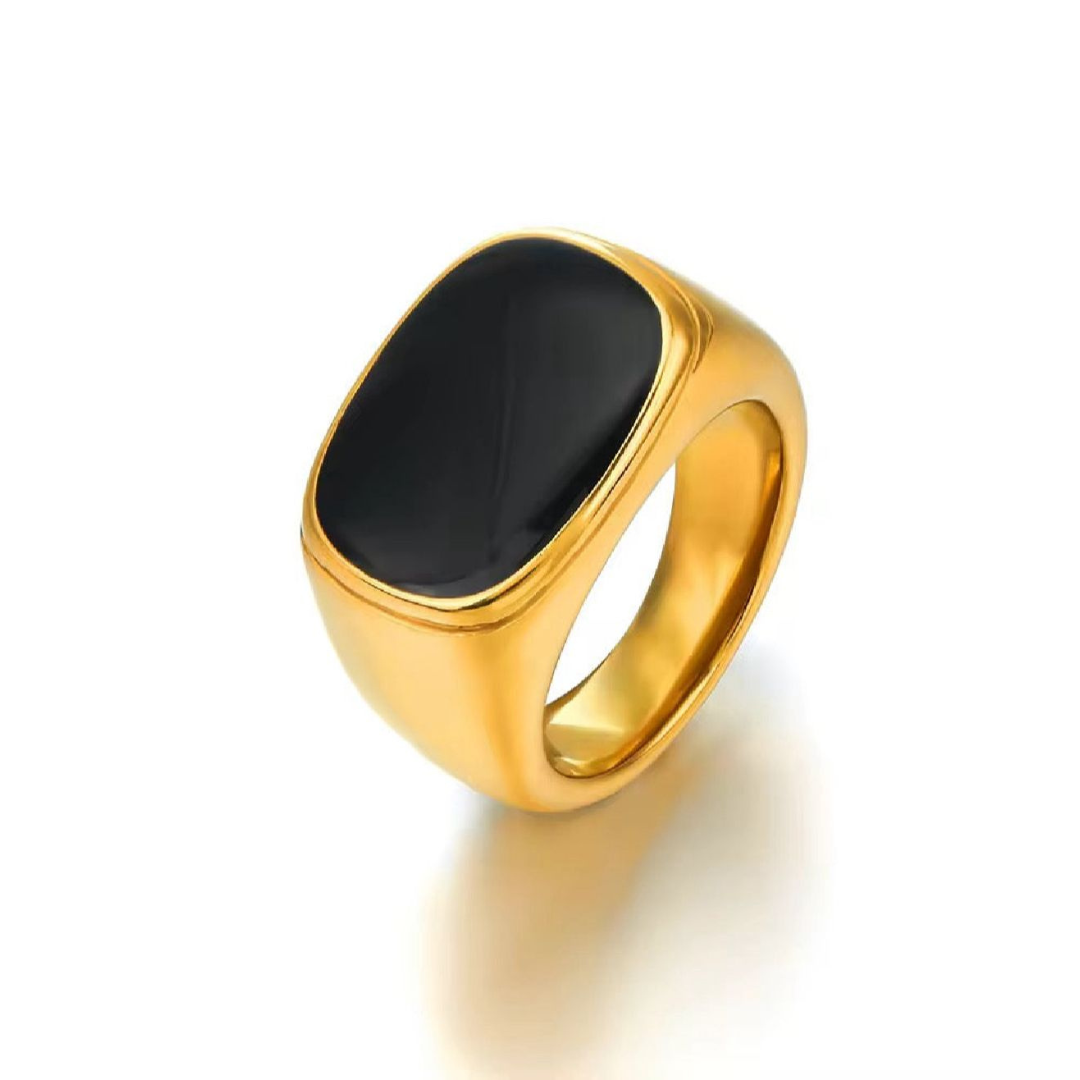 STAINLESS STEEL UNISEX RING WITH BLACK STONE