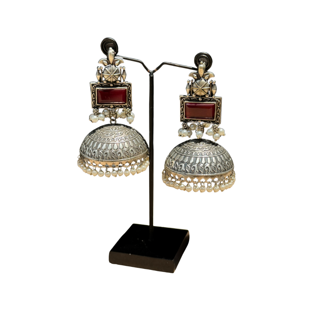 Oxidized Silver Jhumkey With Maroon Stone