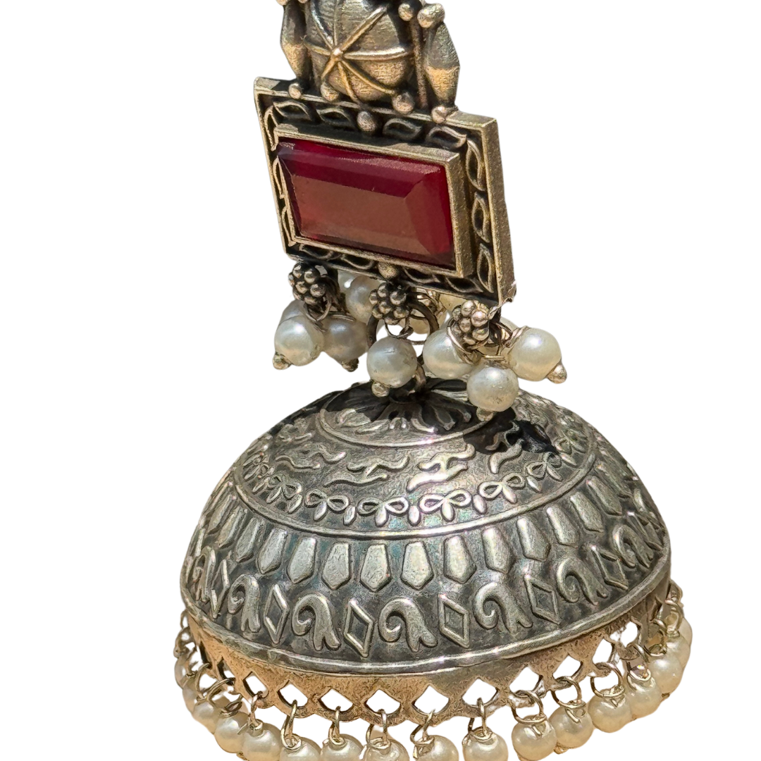 Oxidized Silver Jhumkey With Maroon Stone