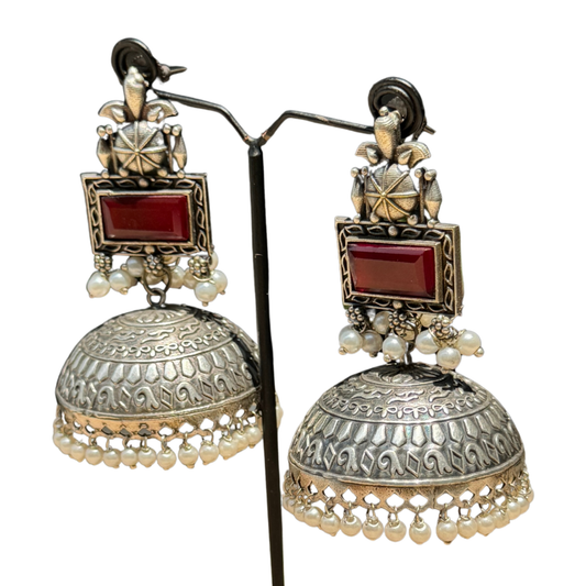 Oxidized Silver Jhumkey With Maroon Stone
