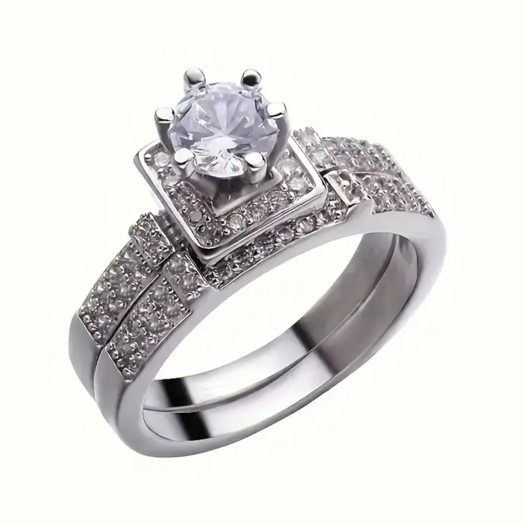Silver Stainless Steel Double Ring with Square Diamond