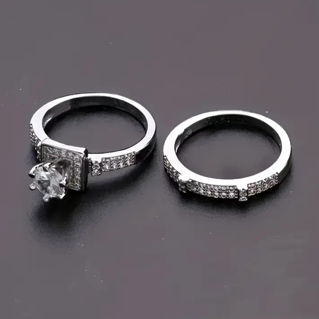 Silver Stainless Steel Double Ring with Square Diamond
