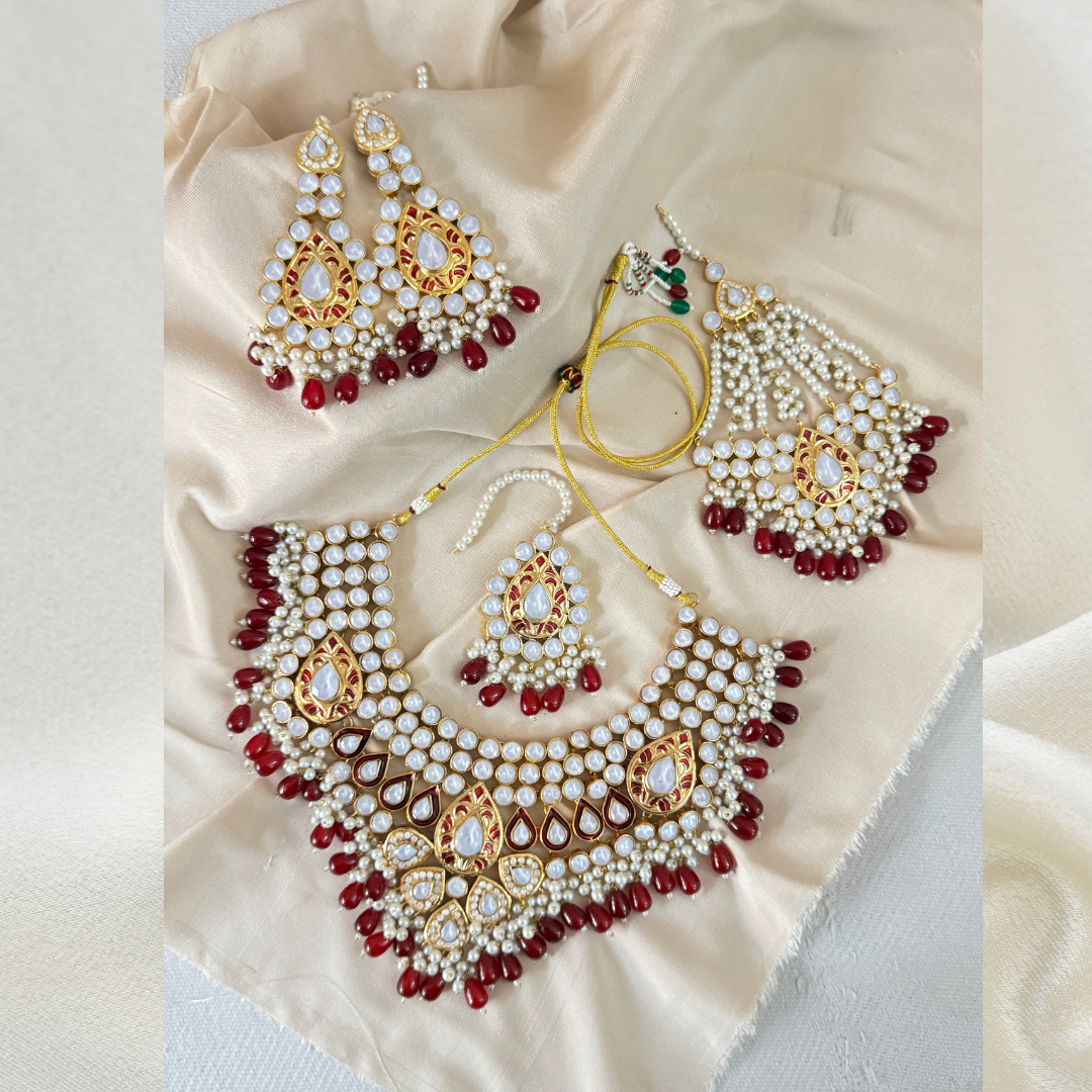 Bridal Red Stone Kundan Embossed Style Set