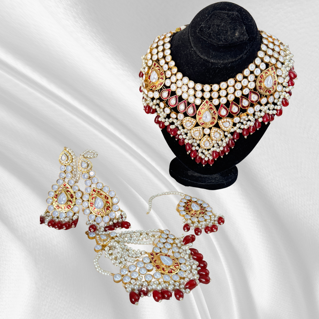 Bridal Red Stone Kundan Embossed Style Set