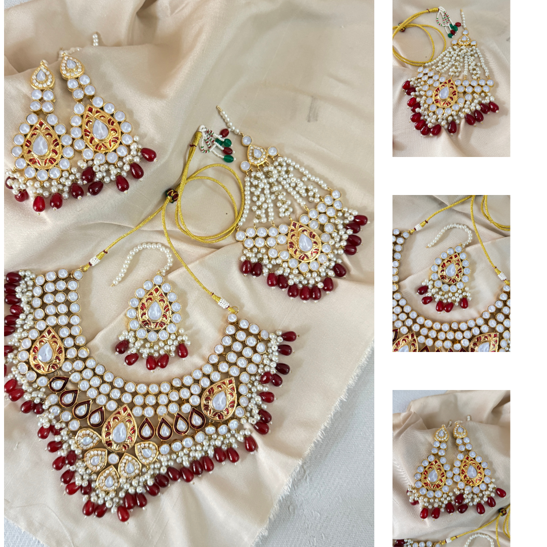Bridal Red Stone Kundan Embossed Style Set