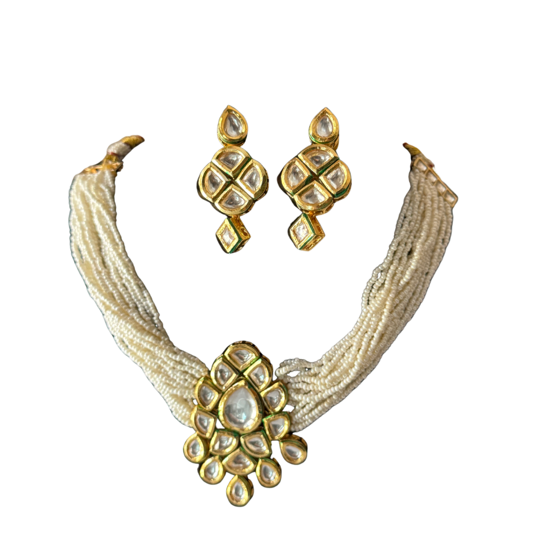 Kundan Style Pearl chain set with Earrings