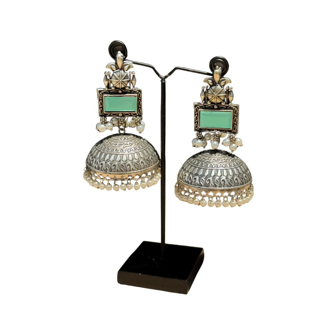 Oxidized Silver Jhumkey With Stone
