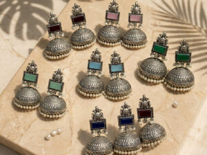 Rectangular Stone Style Silver Jhumkey