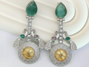 Silver Coin Style with Aqua Stone Earrings
