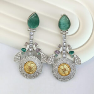 Silver Coin Style with Aqua Stone Earrings