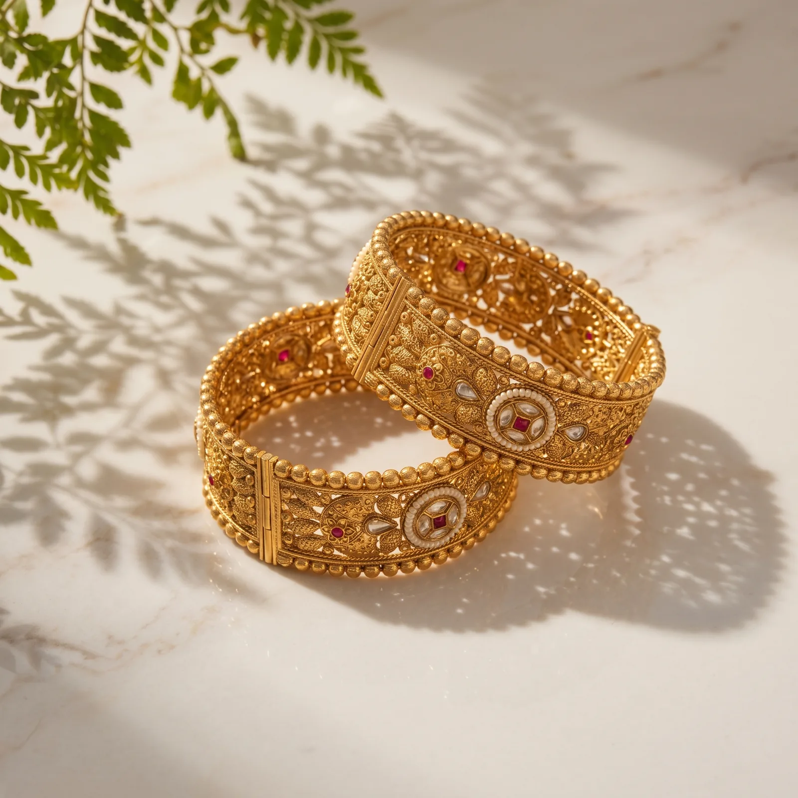 Royal bridal bangles on beige marble