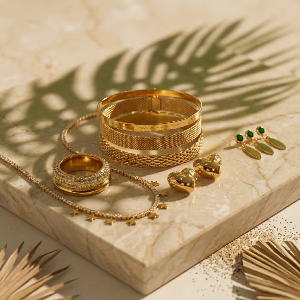 Gold-tone bangles, rings, earrings and necklace styled on marble