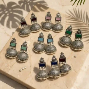 Rectangular stone-style silver jhumka earrings