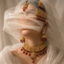 Golden Rhinestones with Maroon Stone Style Bridal Set