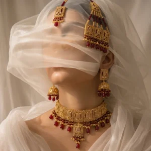 Golden Rhinestones with Maroon Stone Style Bridal Set